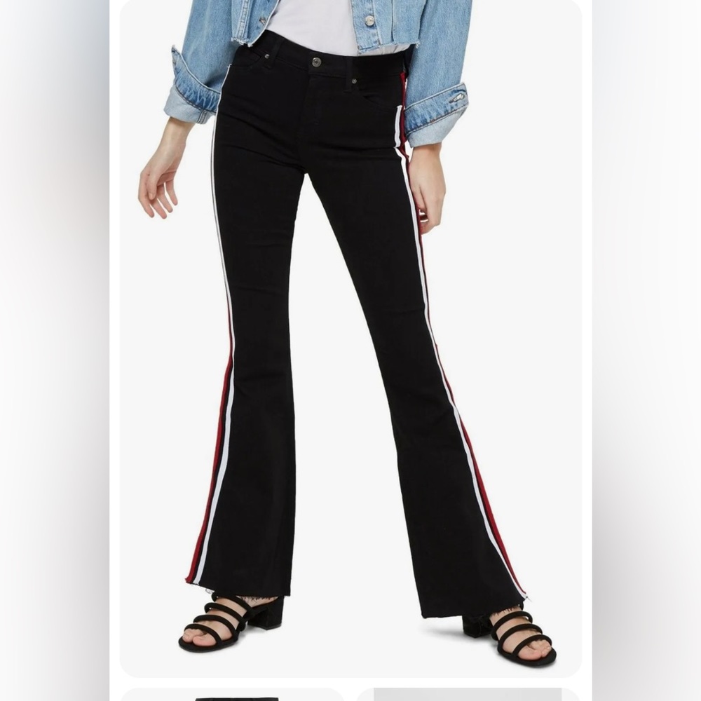 Topshop Jean Jamie Flare Moto Black Denim High Waist Side Stripe Size:26